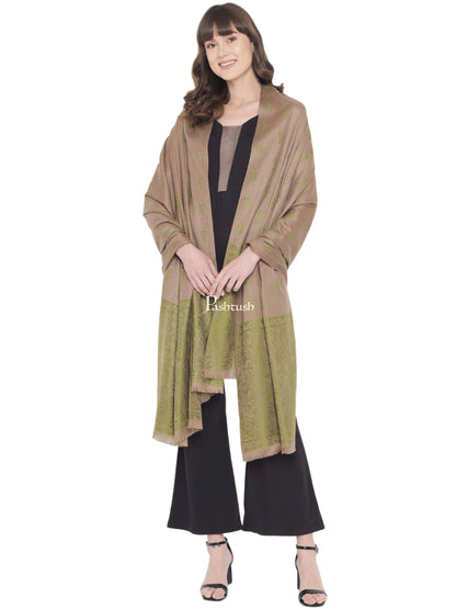 Pashtush India Womens Shawls Pashtush Womens Embroidery Shawl, Jaal Design, Fine Wool, Beige and Emerald Green