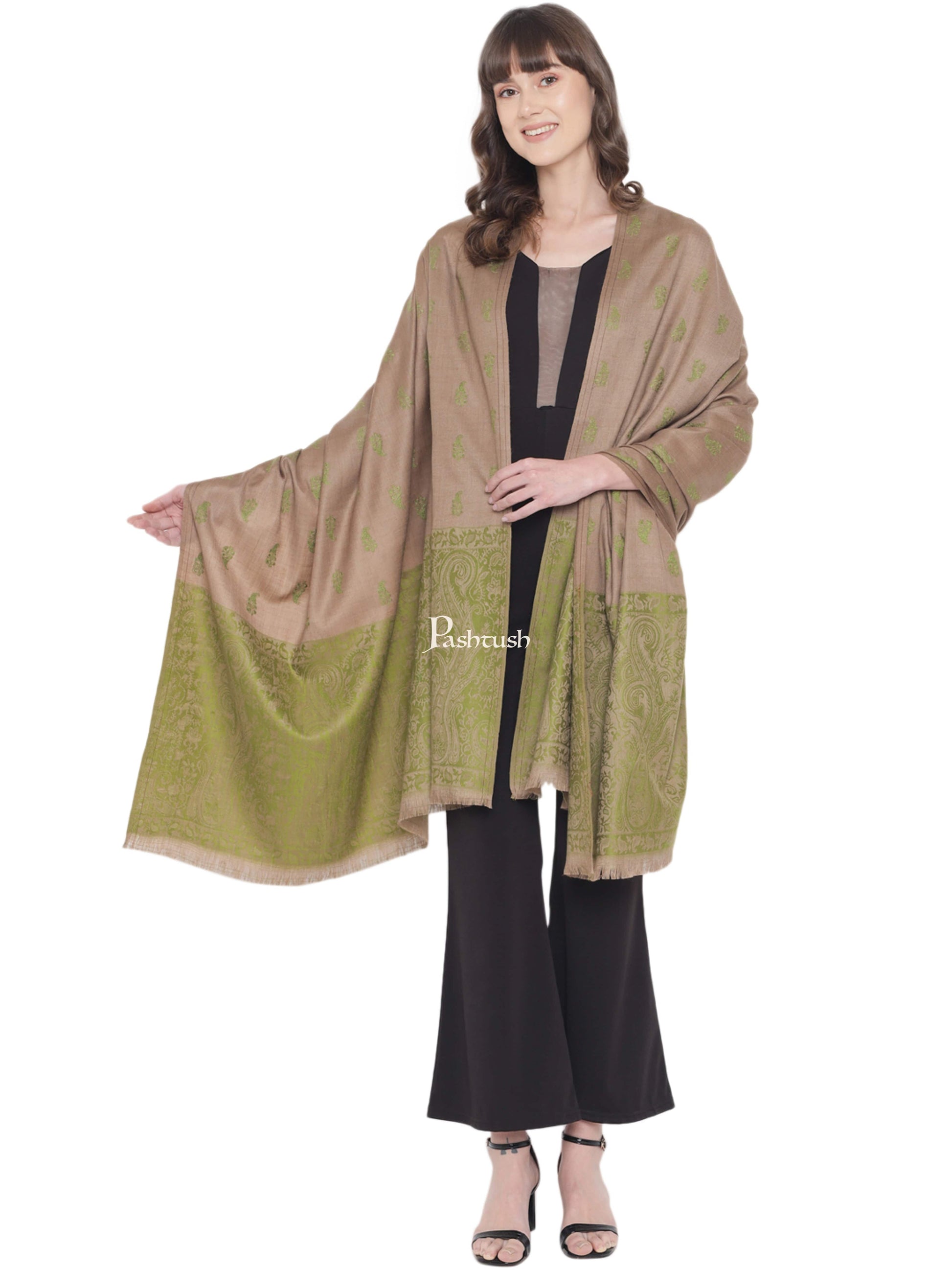 Pashtush India Womens Shawls Pashtush Womens Embroidery Shawl, Jaal Design, Fine Wool, Beige and Emerald Green
