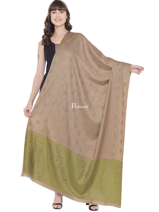 Pashtush India Womens Shawls Pashtush Womens Embroidery Shawl, Jaal Design, Fine Wool, Beige and Emerald Green