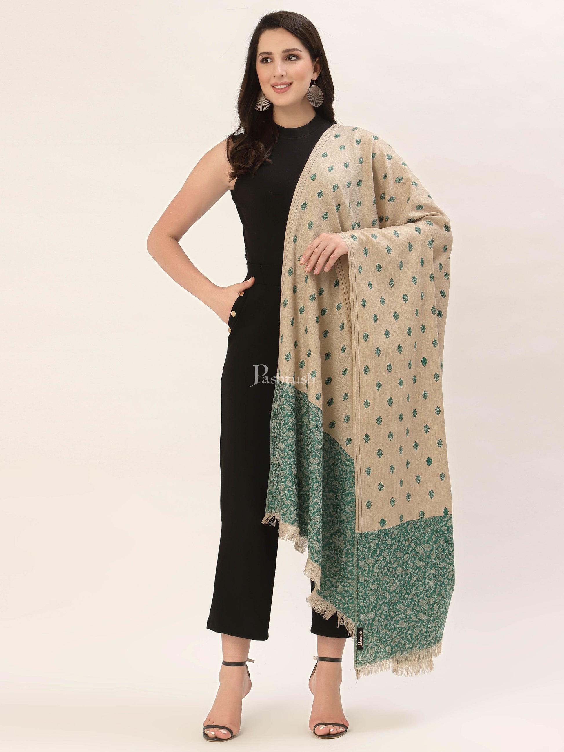 Pashtush India Womens Shawls Pashtush Womens Embroidery Shawl, Jacquard Palla, Fine Wool, Beige and Green