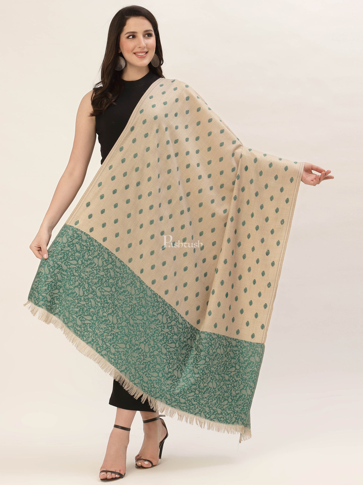 Pashtush India Womens Shawls Pashtush Womens Embroidery Shawl, Jacquard Palla, Fine Wool, Beige and Green
