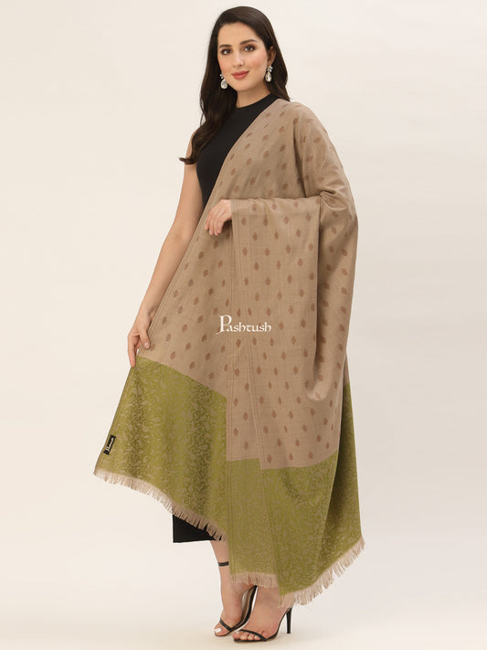 Pashtush India Womens Shawls Pashtush Womens Embroidery Shawl, Jacquard Palla, Fine Wool, Beige and Green