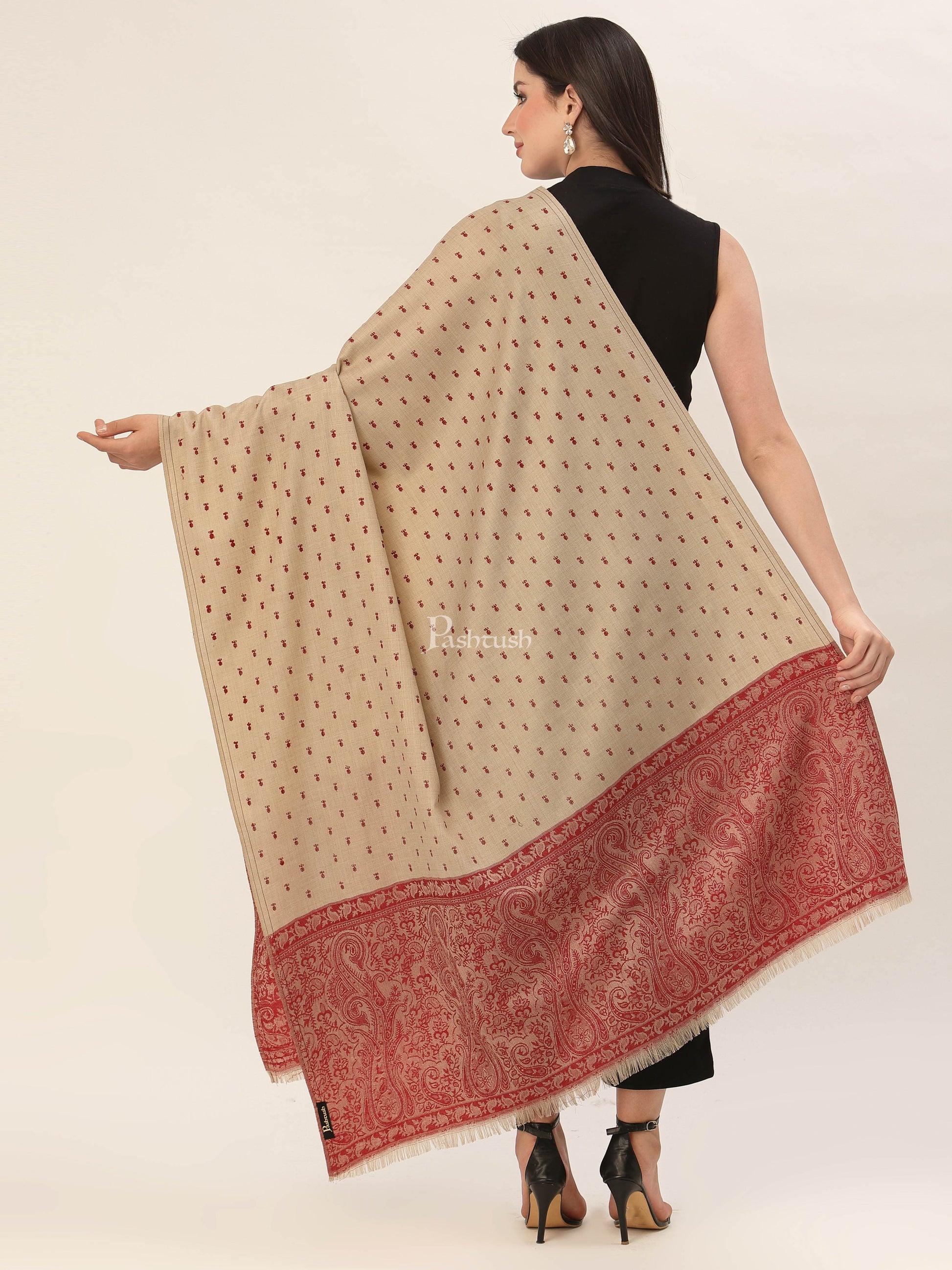 Pashtush India Womens Shawls Pashtush Womens Embroidery Shawl, Jacquard Palla, Fine Wool, Beige and Red