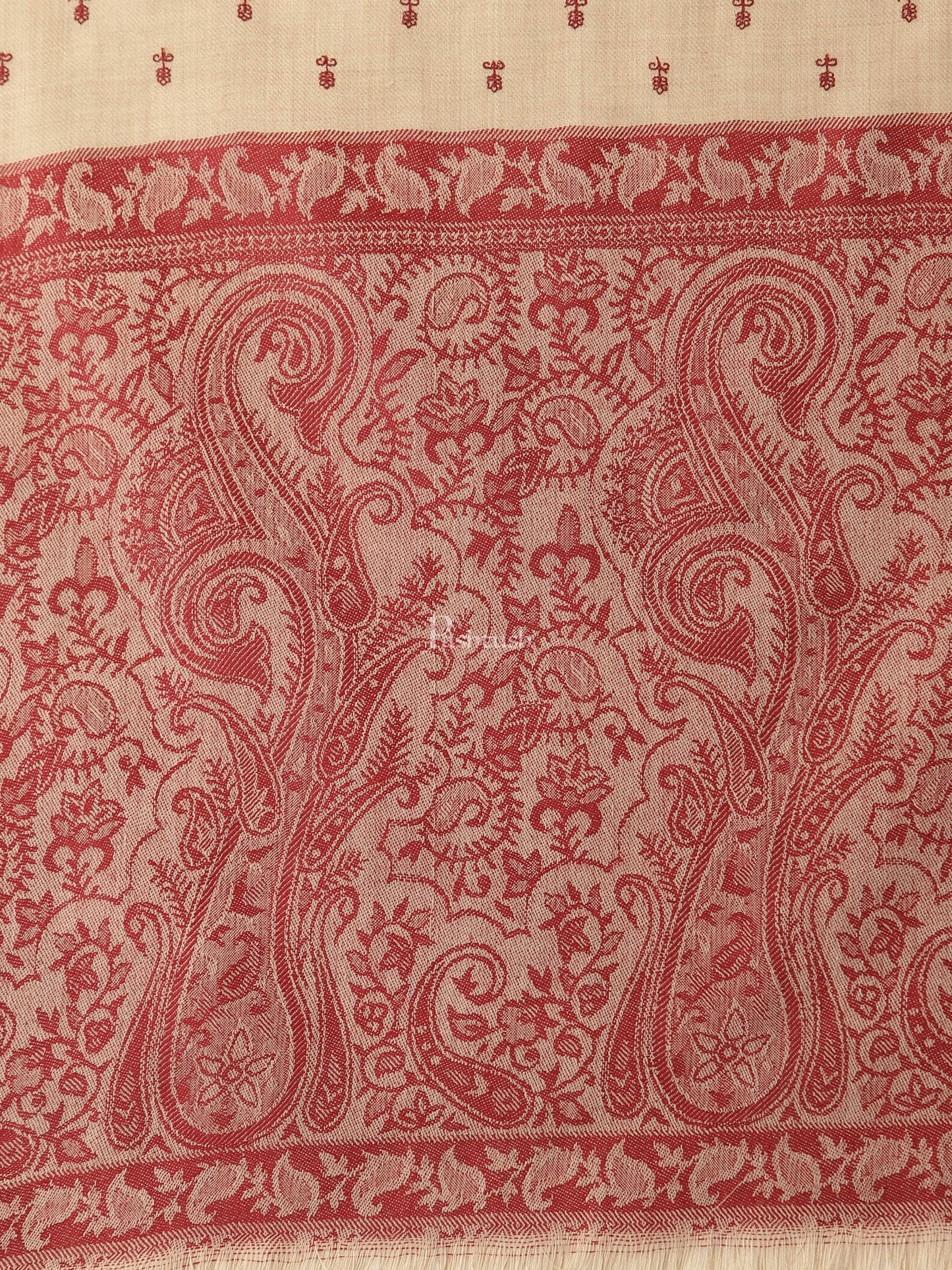 Pashtush India Womens Shawls Pashtush Womens Embroidery Shawl, Jacquard Palla, Fine Wool, Beige and Red