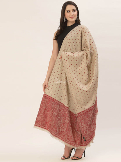 Pashtush India Womens Shawls Pashtush Womens Embroidery Shawl, Jacquard Palla, Fine Wool, Beige and Red