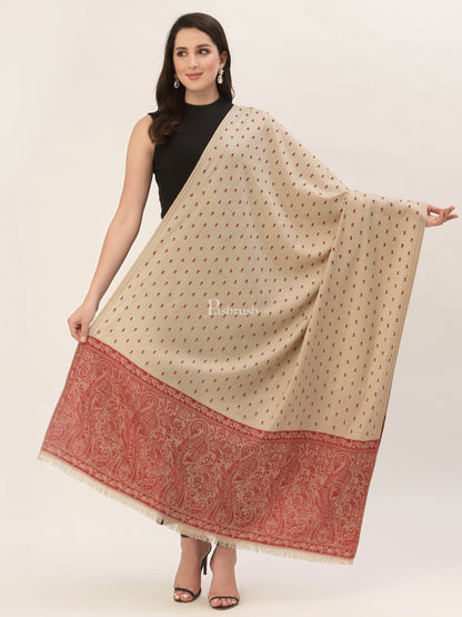 Pashtush India Womens Shawls Pashtush Womens Embroidery Shawl, Jacquard Palla, Fine Wool, Beige and Red