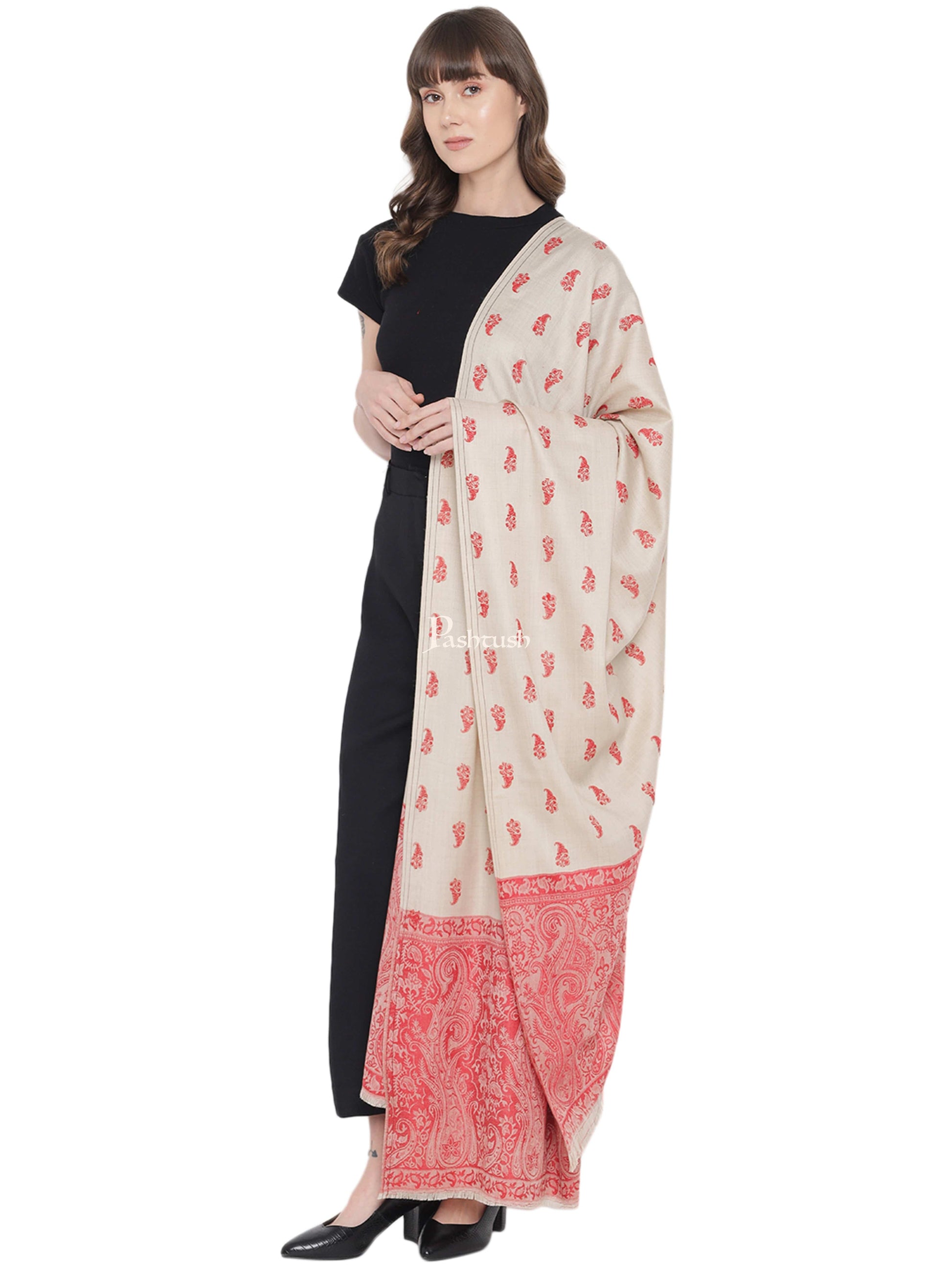 Pashtush India Womens Shawls Pashtush Womens Embroidery Shawl, Jacquard Palla, Fine Wool, Beige and Red