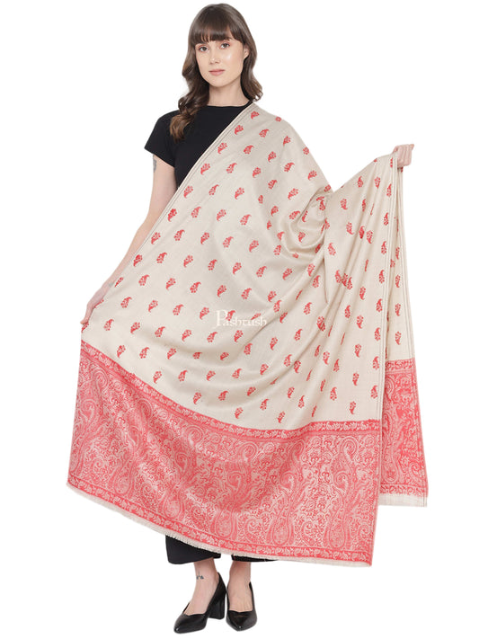 Pashtush India Womens Shawls Pashtush Womens Embroidery Shawl, Jacquard Palla, Fine Wool, Beige and Red