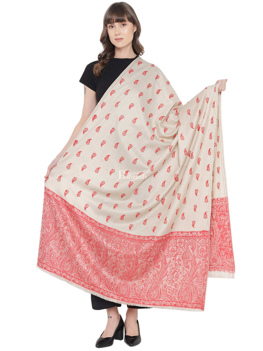 Pashtush India Womens Shawls Pashtush Womens Embroidery Shawl, Jacquard Palla, Fine Wool, Beige and Red