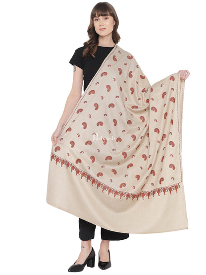Pashtush India Womens Shawls Pashtush Womens Embroidery Shawl, Khakikar, Booti Jaal, Fine Wool, Beige