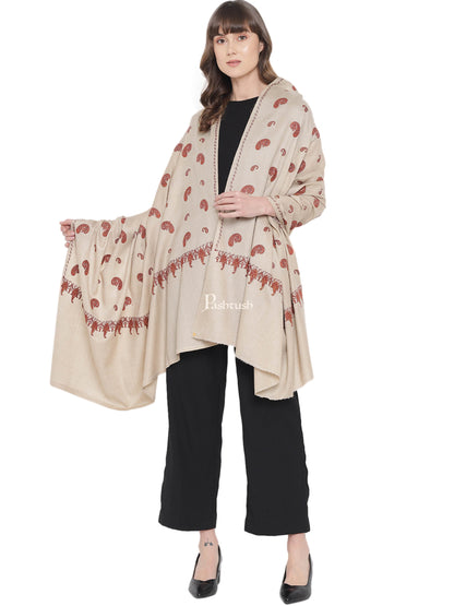 Pashtush India Womens Shawls Pashtush Womens Embroidery Shawl, Khakikar, Booti Jaal, Fine Wool, Beige