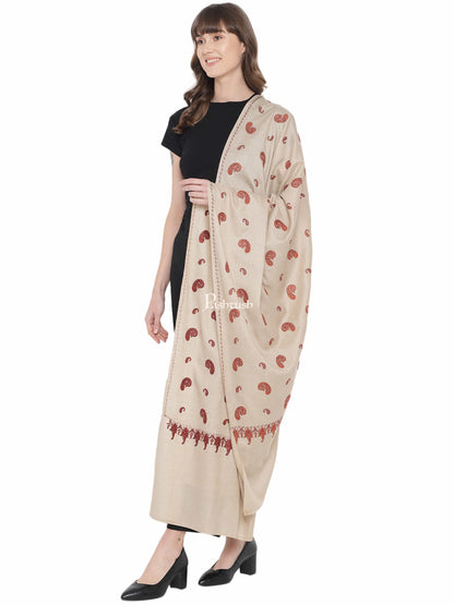 Pashtush India Womens Shawls Pashtush Womens Embroidery Shawl, Khakikar, Booti Jaal, Fine Wool, Beige