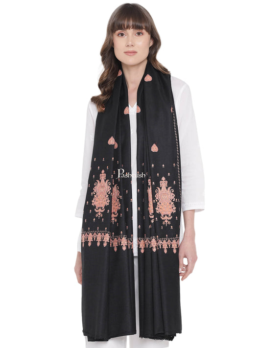 Pashtush India Womens Shawls Pashtush Womens Embroidery Shawl, Khakikar, Booti Jaal, Fine Wool, Black