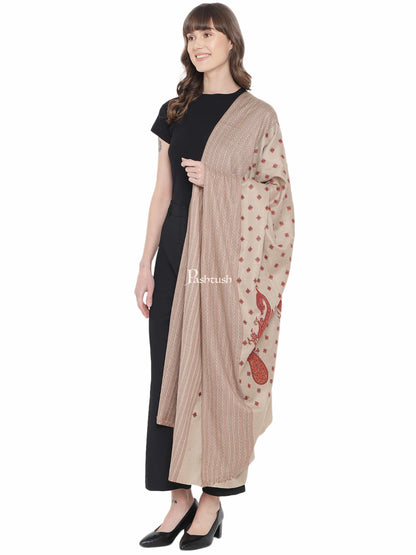 Pashtush India Womens Shawls Pashtush Womens Embroidery Shawl, Khakikar , Fine Wool, Beige