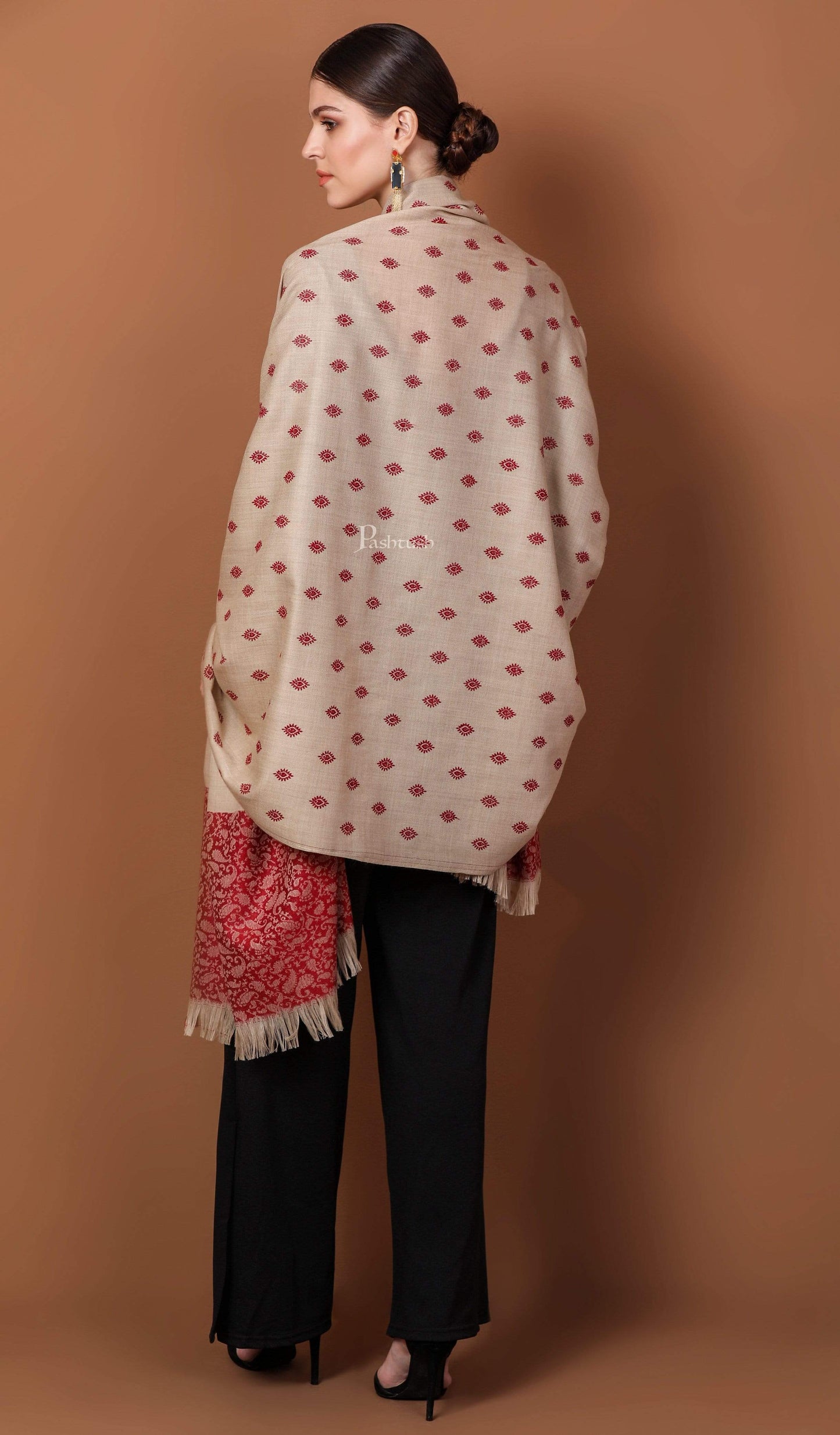Pashtush India 100x200 Pashtush Womens Embroidery Shawl, Light Weight and Warm, Beige and Merlot