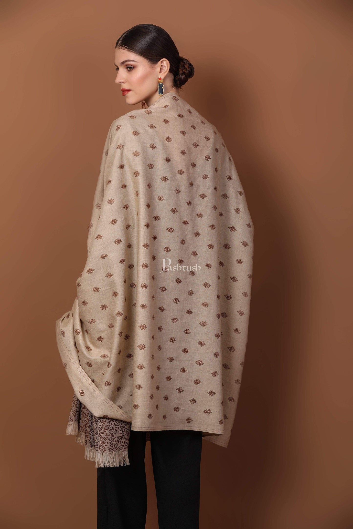 Pashtush India 100x200 Pashtush Womens Embroidery Shawl, Light Weight and Warm, Espresso and Beige