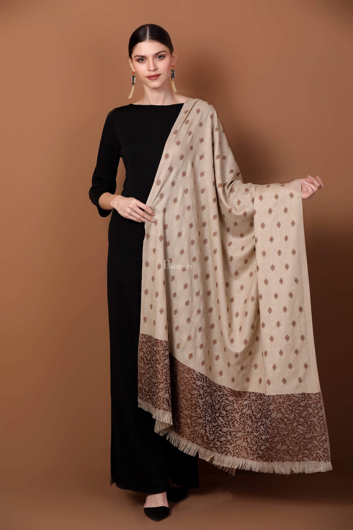 Pashtush India 100x200 Pashtush Womens Embroidery Shawl, Light Weight and Warm, Espresso and Beige