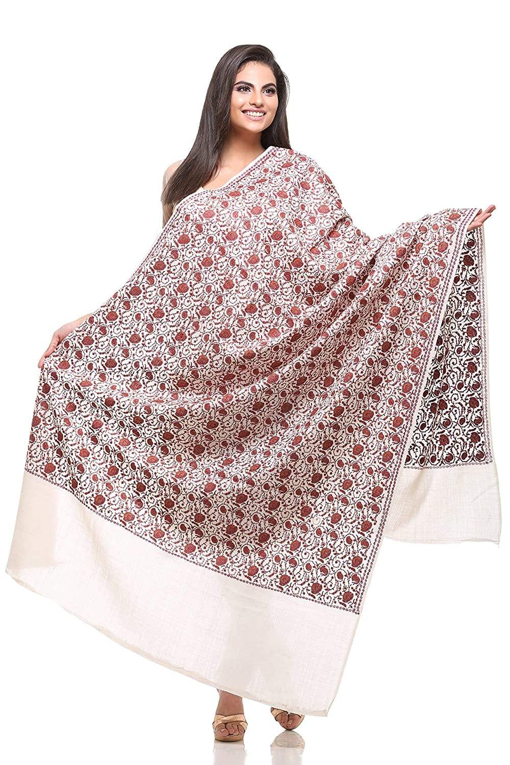 Pashtush Womens Embroidery Shawl White Silk Thread Work, Embroidery Design. Heritage Wool Collection