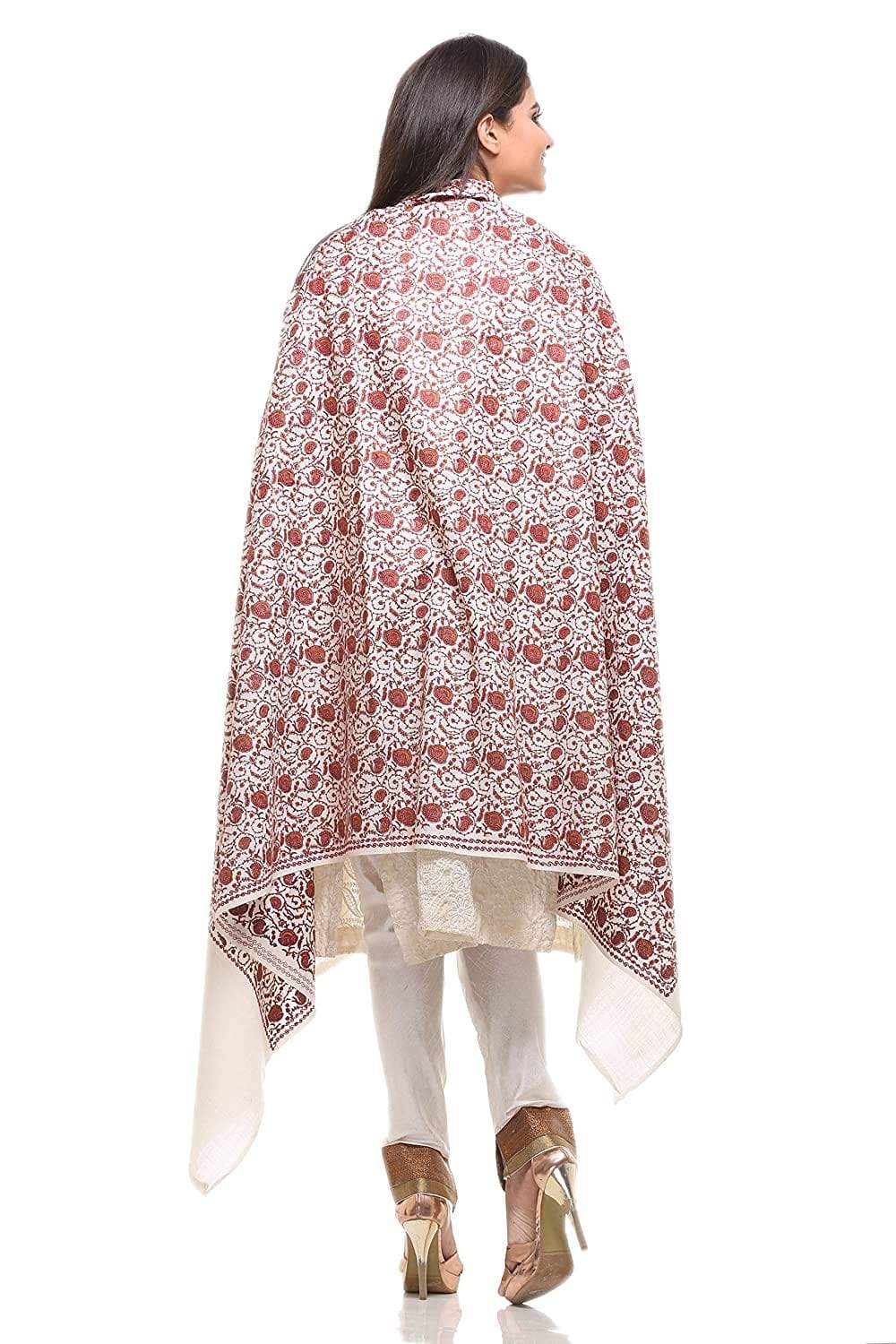 Pashtush Womens Embroidery Shawl White Silk Thread Work, Embroidery Design. Heritage Wool Collection