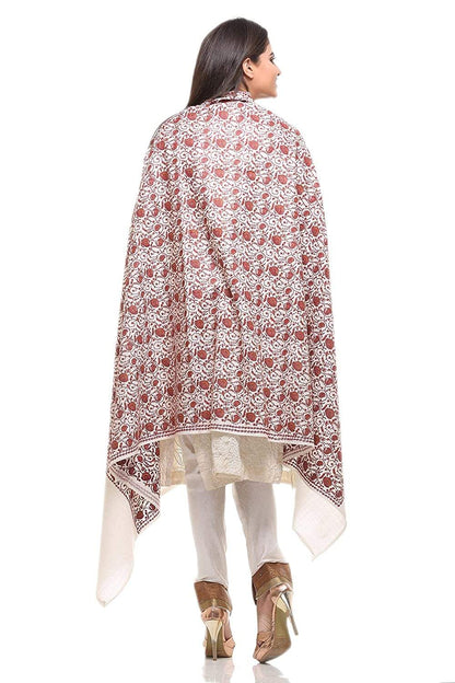 Pashtush Womens Embroidery Shawl White Silk Thread Work, Embroidery Design. Heritage Wool Collection