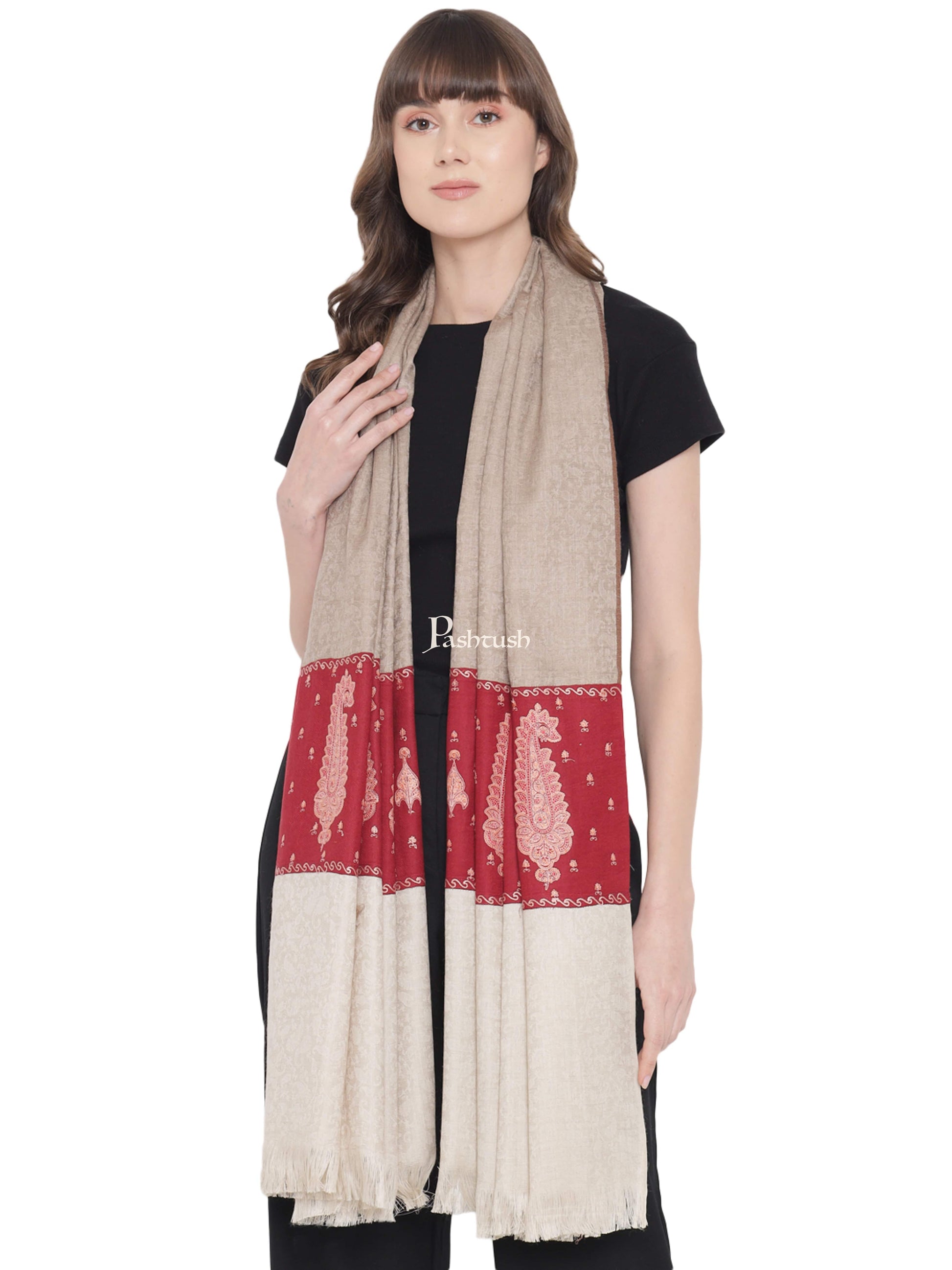 Pashtush India Womens Shawls Pashtush Womens Embroidery Shawl, Paiseley Stitched Palla, Beige and Maroon