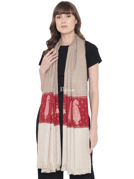 Pashtush India Womens Shawls Pashtush Womens Embroidery Shawl, Paiseley Stitched Palla, Beige and Maroon