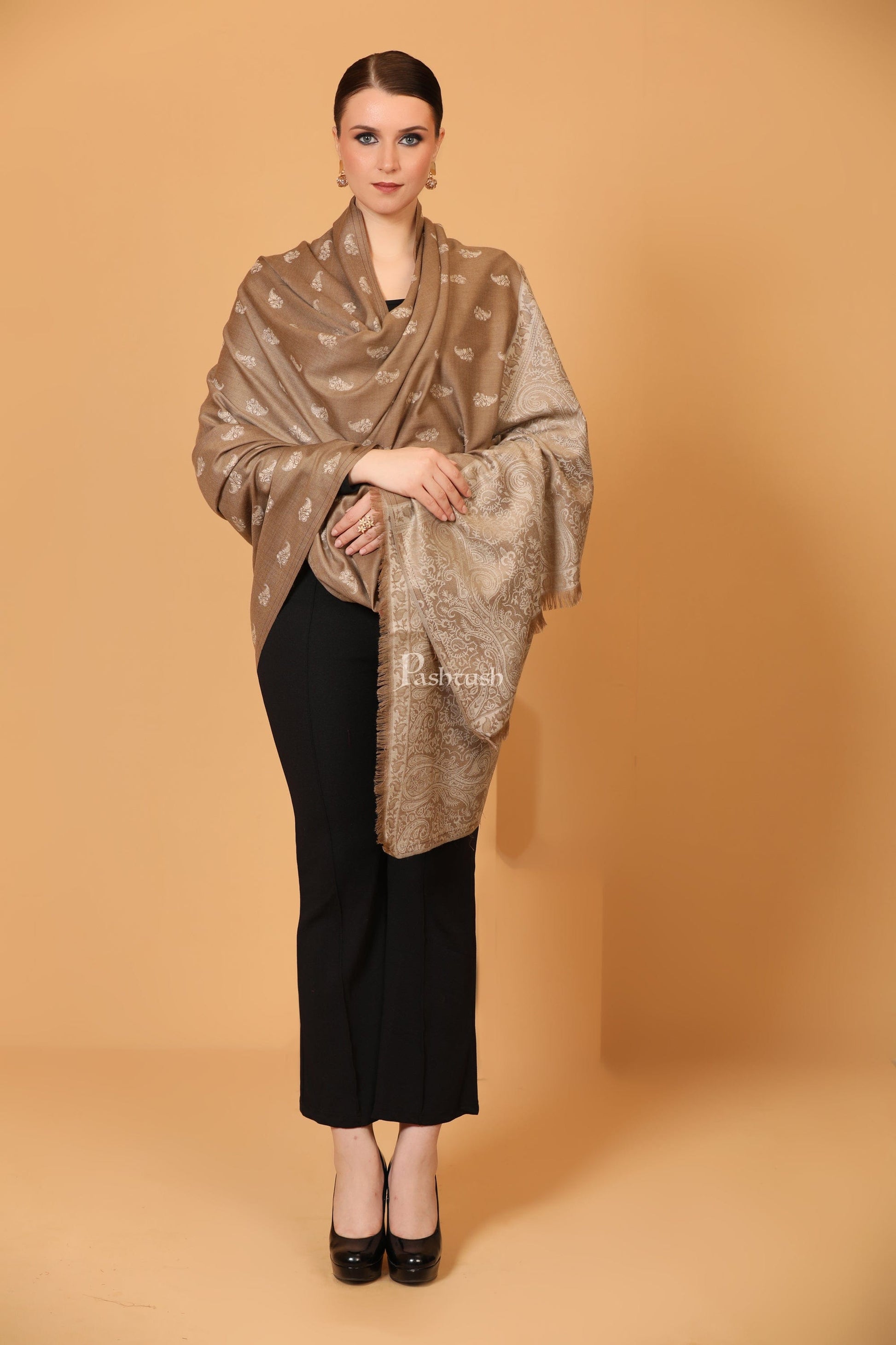 Pashtush India Womens Shawls Pashtush Womens Embroidery Shawl, Tone on Tone Jacquard Palla, Fine Wool, Beige