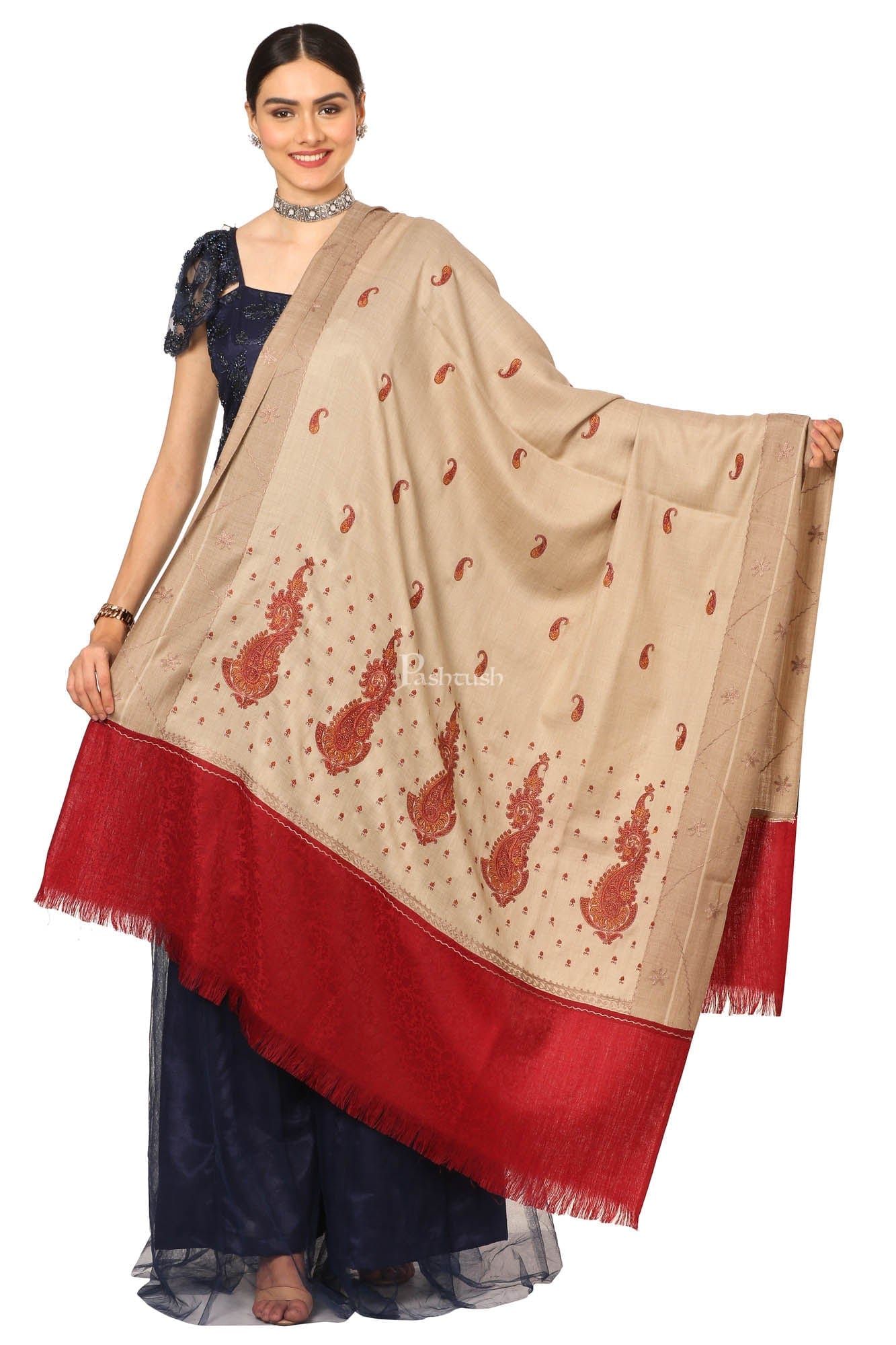 Pashtush India Womens Shawls Pashtush Womens, Embroidery Shawl With Palla Deisgn, Bridal Soft Wool Collection - Multi-Coloured