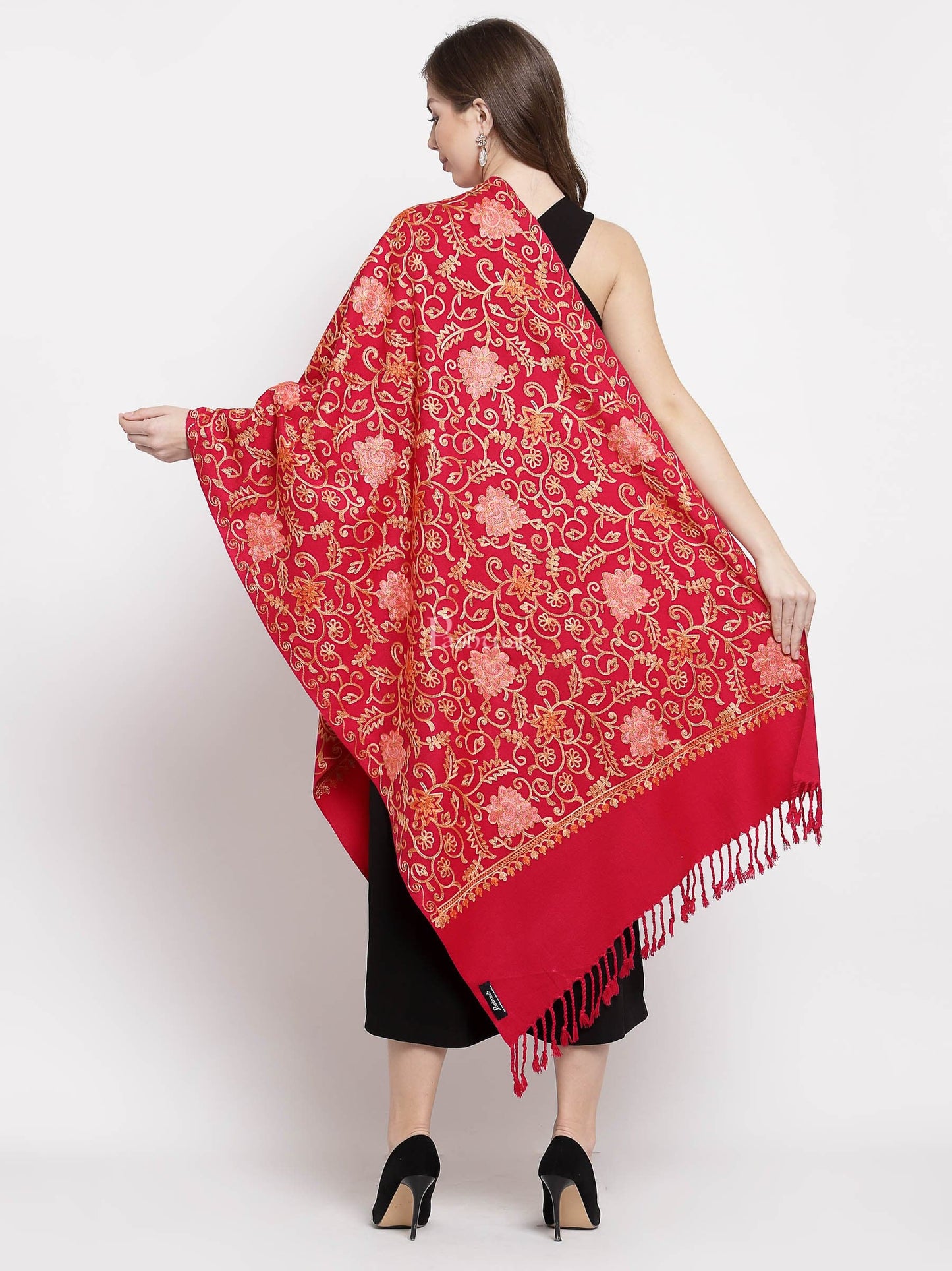 Pashtush India Womens Stoles and Scarves Scarf Pashtush Womens Embroidery Stole, Aari Work, Fine Wool, Red