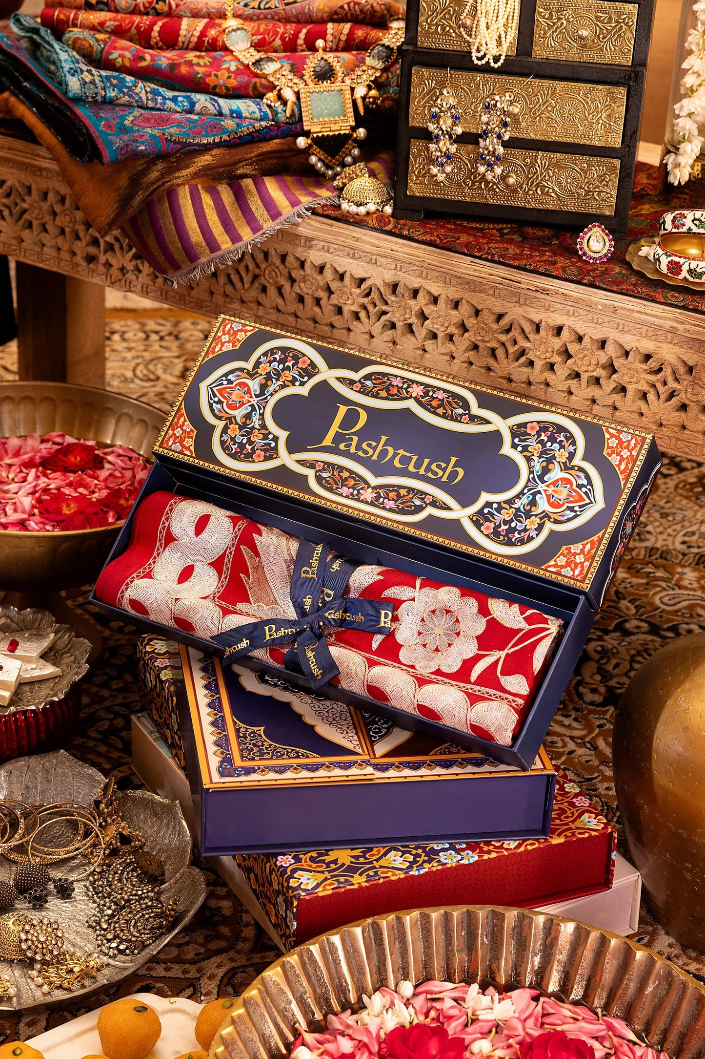 Pashtush India Womens Stoles and Scarves Scarf Pashtush Womens Embroidery Stole,  Nalki Needlework, Silk Wool, Crimson