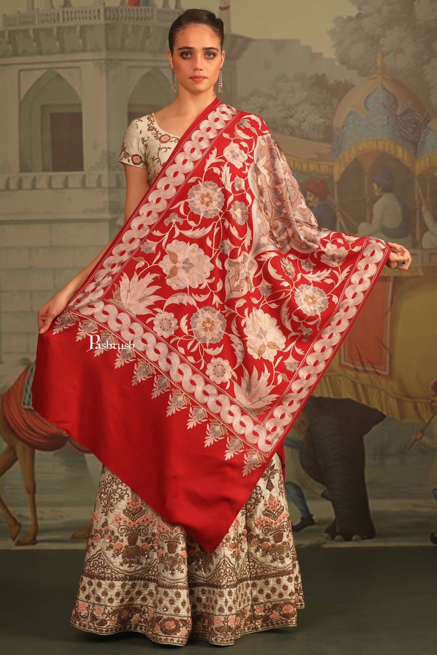 Pashtush India Womens Stoles and Scarves Scarf Pashtush Womens Embroidery Stole,  Nalki Needlework, Silk Wool, Crimson