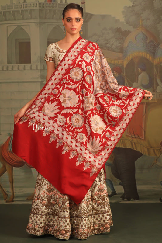 Pashtush India Womens Stoles and Scarves Scarf Pashtush Womens Embroidery Stole,  Nalki Needlework, Silk Wool, Crimson
