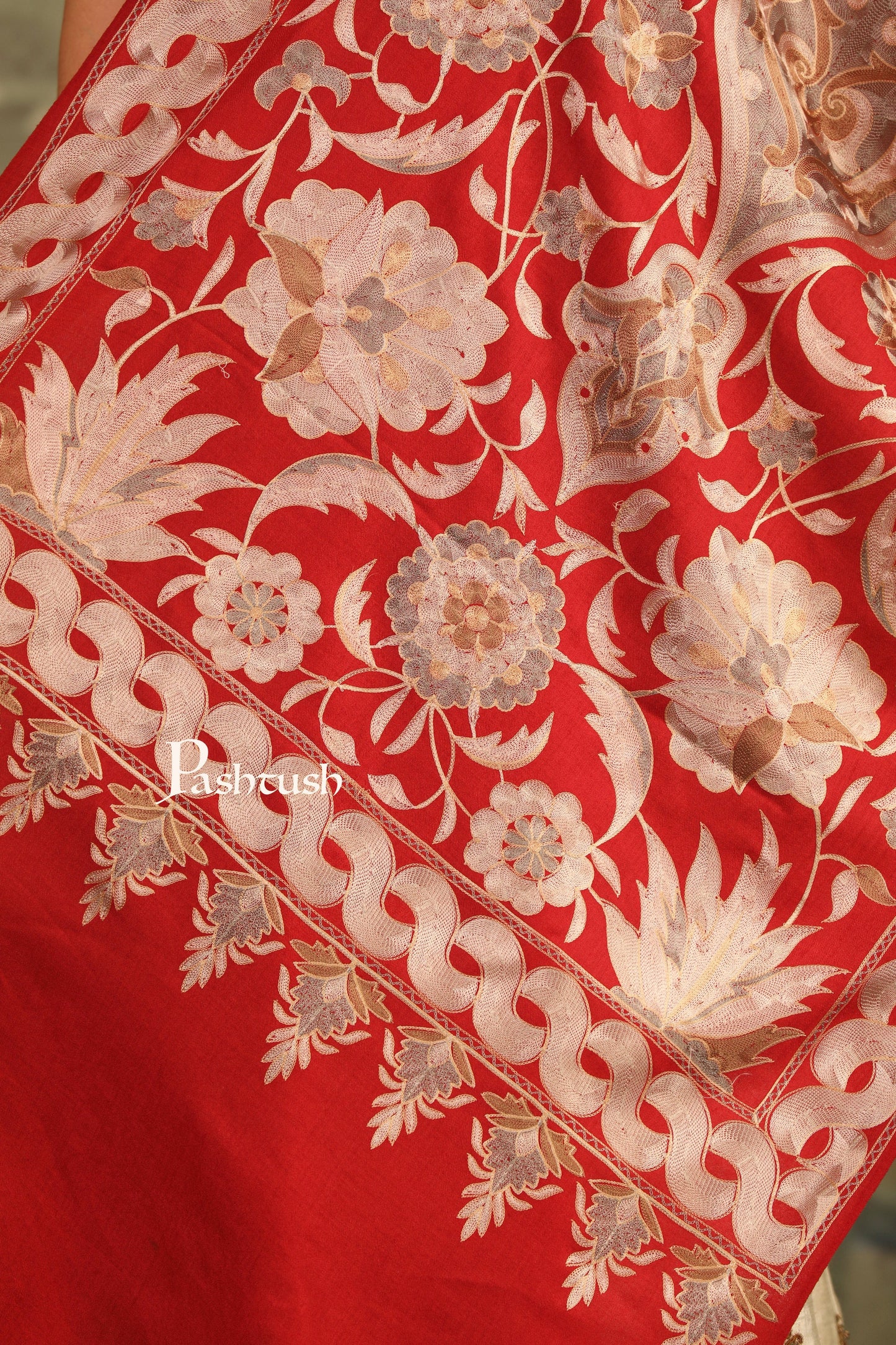 Pashtush India Womens Stoles and Scarves Scarf Pashtush Womens Embroidery Stole,  Nalki Needlework, Silk Wool, Crimson