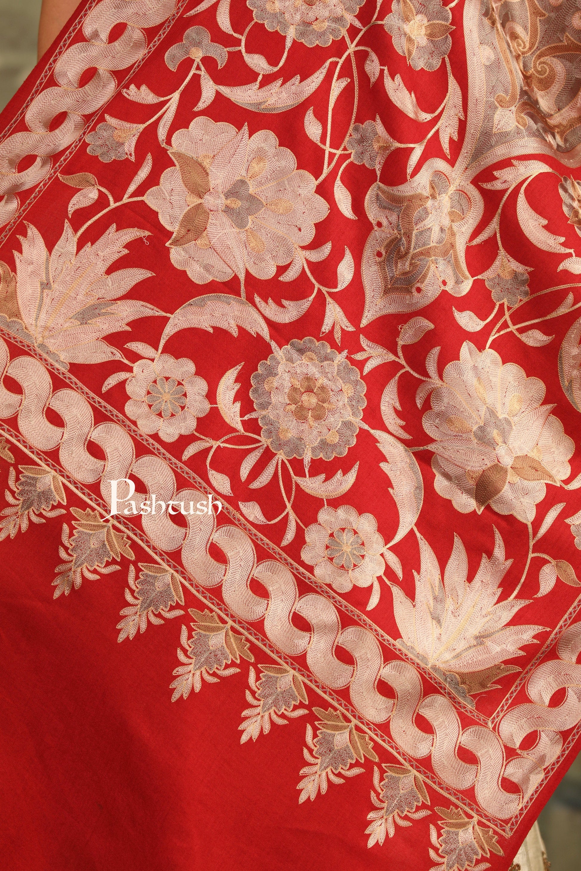 Pashtush India Womens Stoles and Scarves Scarf Pashtush Womens Embroidery Stole,  Nalki Needlework, Silk Wool, Crimson