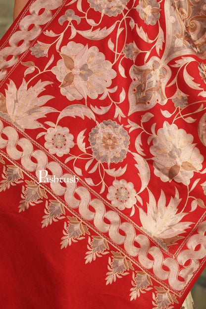 Pashtush India Womens Stoles and Scarves Scarf Pashtush Womens Embroidery Stole,  Nalki Needlework, Silk Wool, Crimson