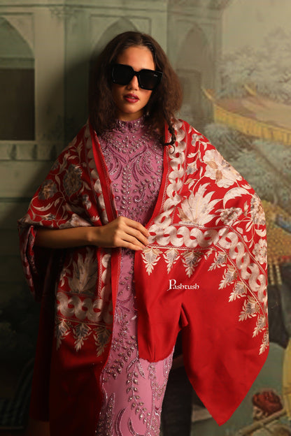 Pashtush India Womens Stoles and Scarves Scarf Pashtush Womens Embroidery Stole,  Nalki Needlework, Silk Wool, Crimson