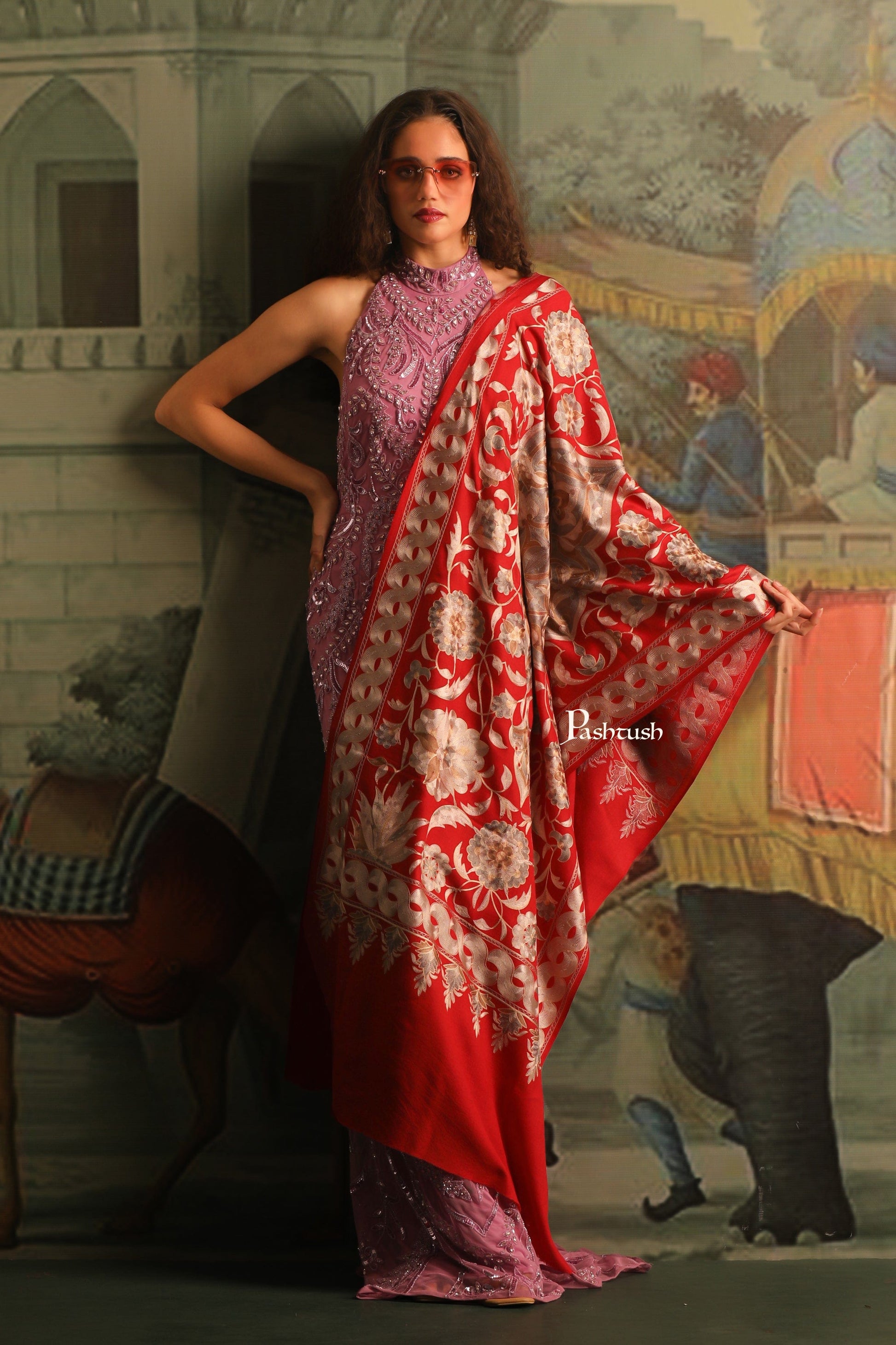 Pashtush India Womens Stoles and Scarves Scarf Pashtush Womens Embroidery Stole,  Nalki Needlework, Silk Wool, Crimson