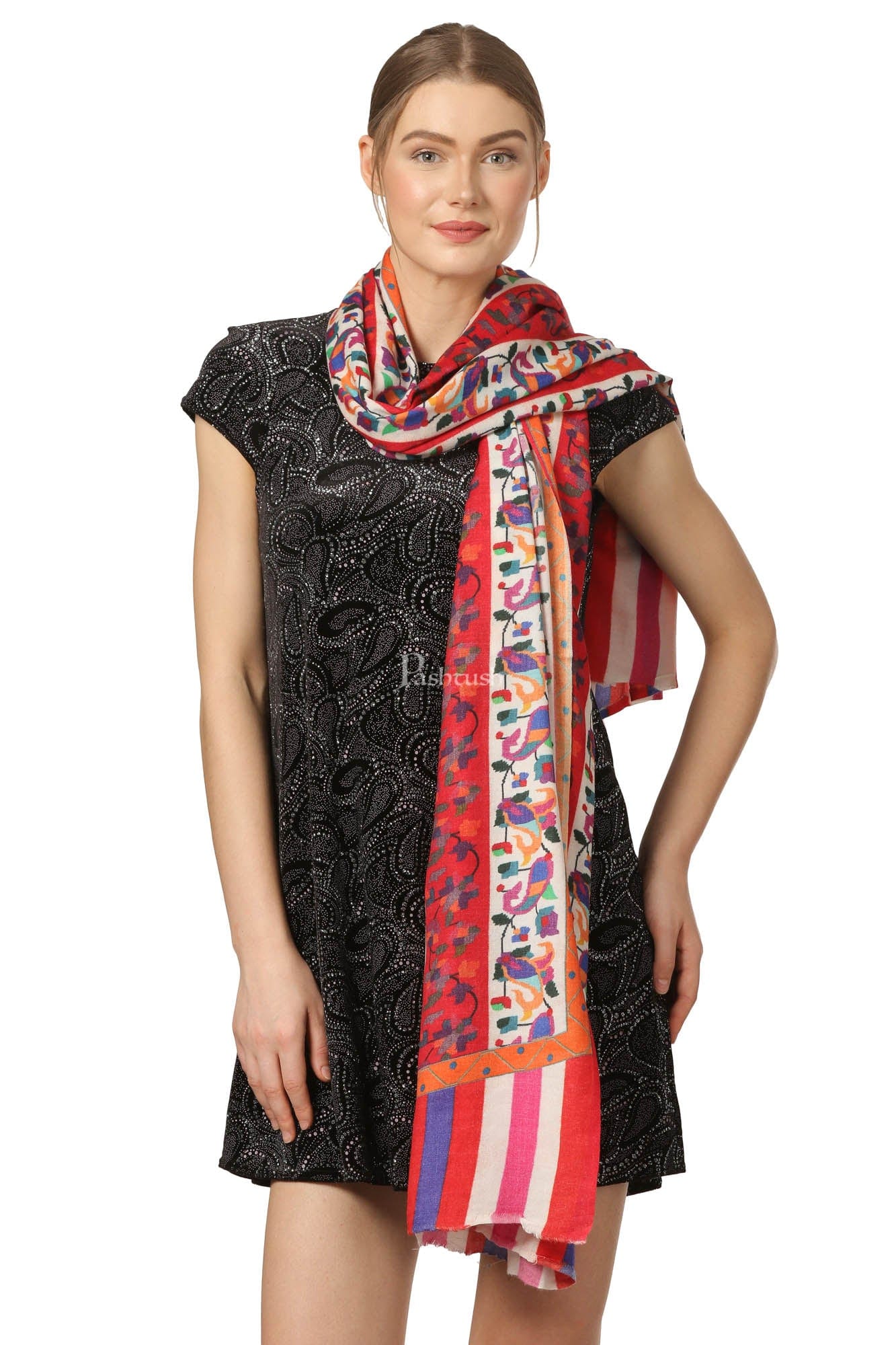 Pashtush India Womens Shawls Pashtush Womens Ethnic Print Shawl, Multicoloured, 100% Pure Wool (Woolmark Certified)