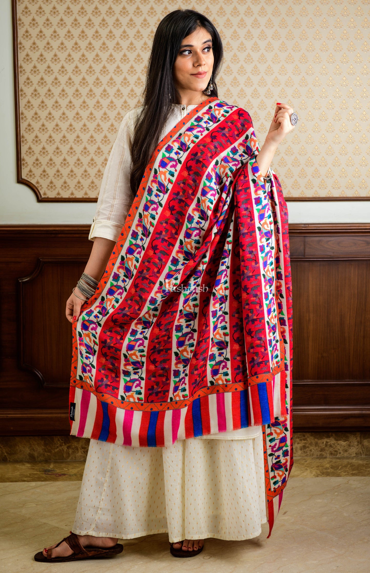 Pashtush India Womens Shawls Pashtush Womens Ethnic Print Shawl, Multicoloured, 100% Pure Wool (Woolmark Certified)