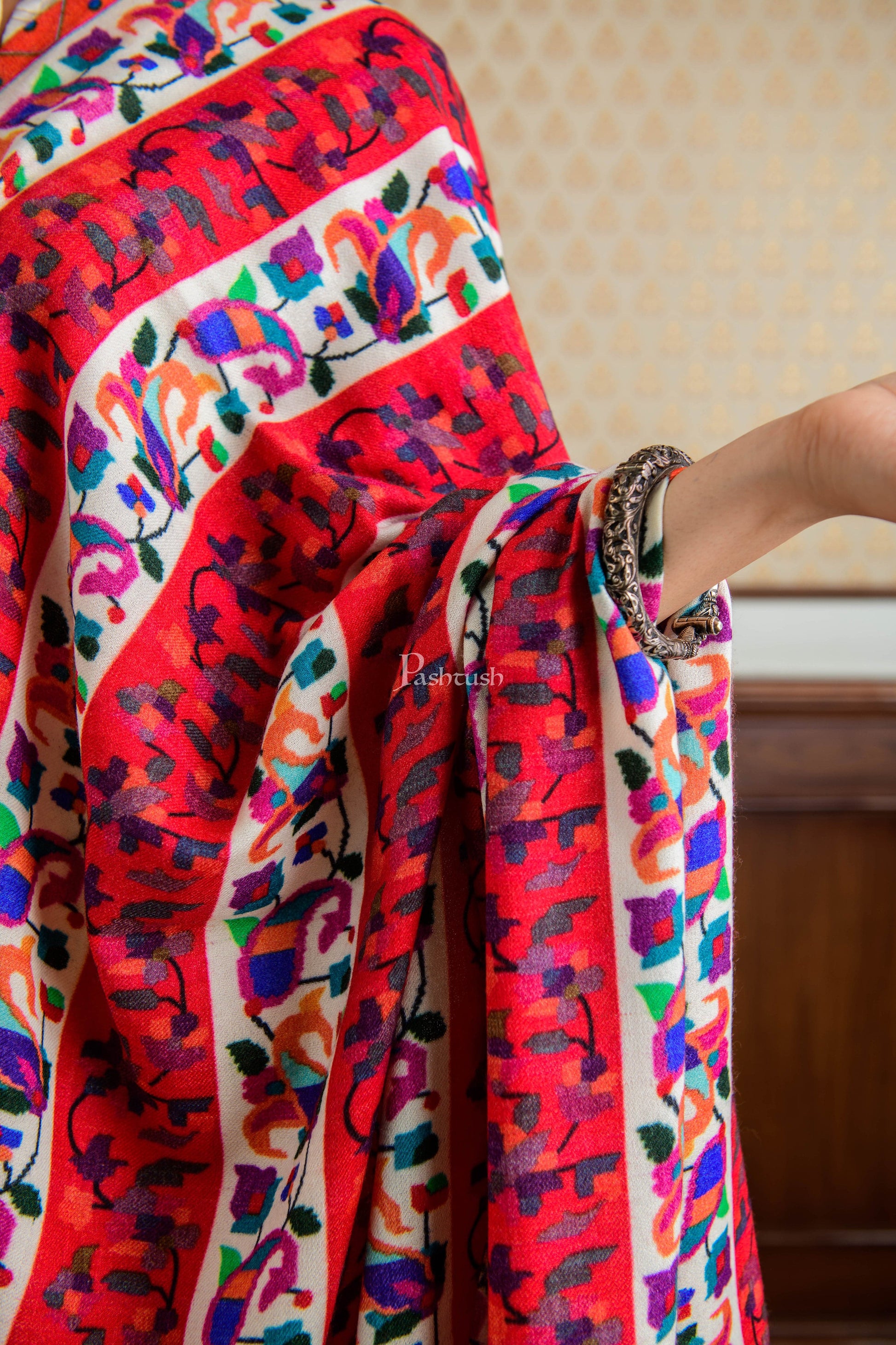 Pashtush India Womens Shawls Pashtush Womens Ethnic Print Shawl, Multicoloured, 100% Pure Wool (Woolmark Certified)