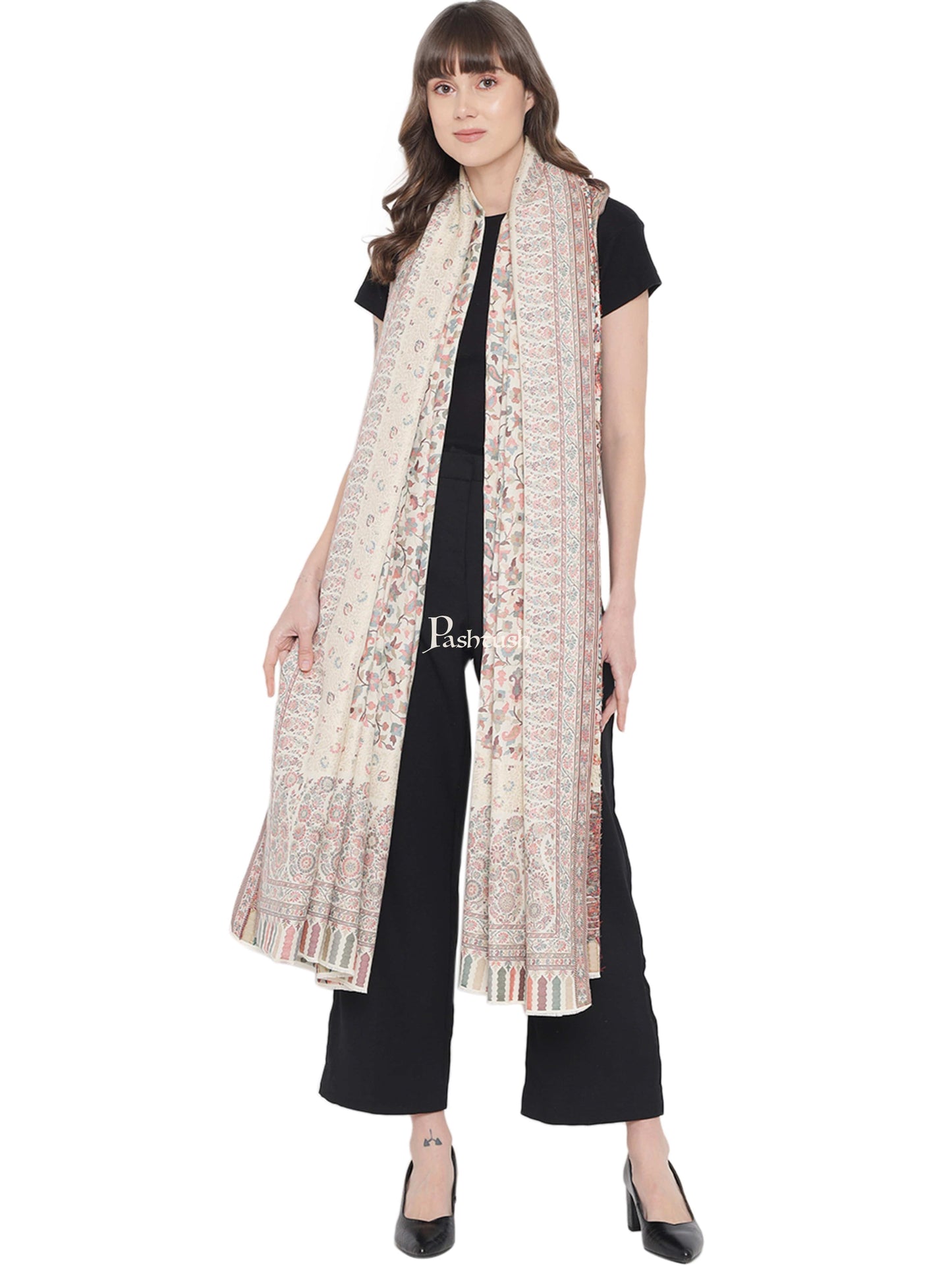 Pashtush India Womens Shawls Pashtush Womens Ethnic Shawl, Fine Wool, Metallic Weave Border, Extra Large Size, Ivory
