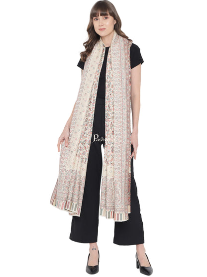 Pashtush India Womens Shawls Pashtush Womens Ethnic Shawl, Fine Wool, Metallic Weave Border, Extra Large Size, Ivory