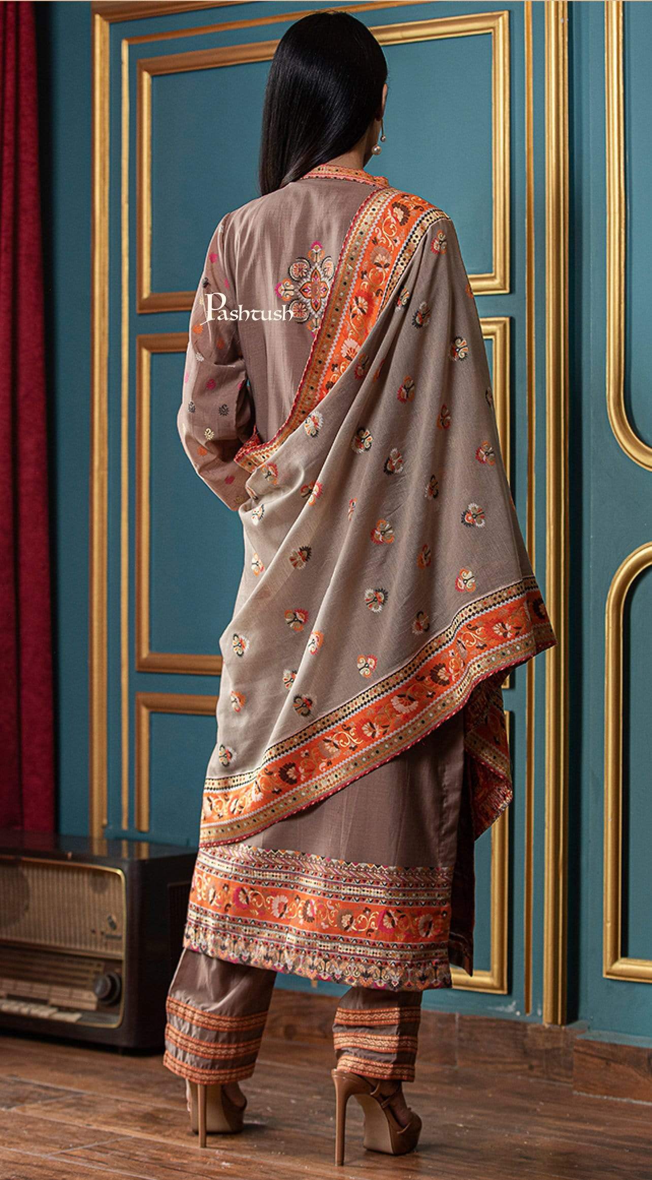 Pashtush India suit Pashtush Womens Ethnic Weave Cotton-Silk Unstitched Suit, Taupe