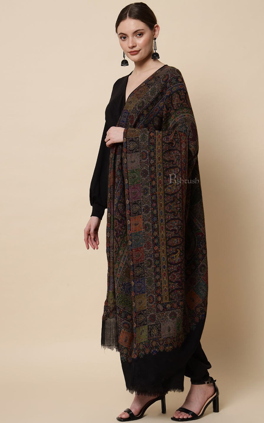 Pashtush India Womens Shawls Pashtush Womens Extra Fine Ethnic Shawl, Pure Wool, Woolmark Certificate, Multicolour