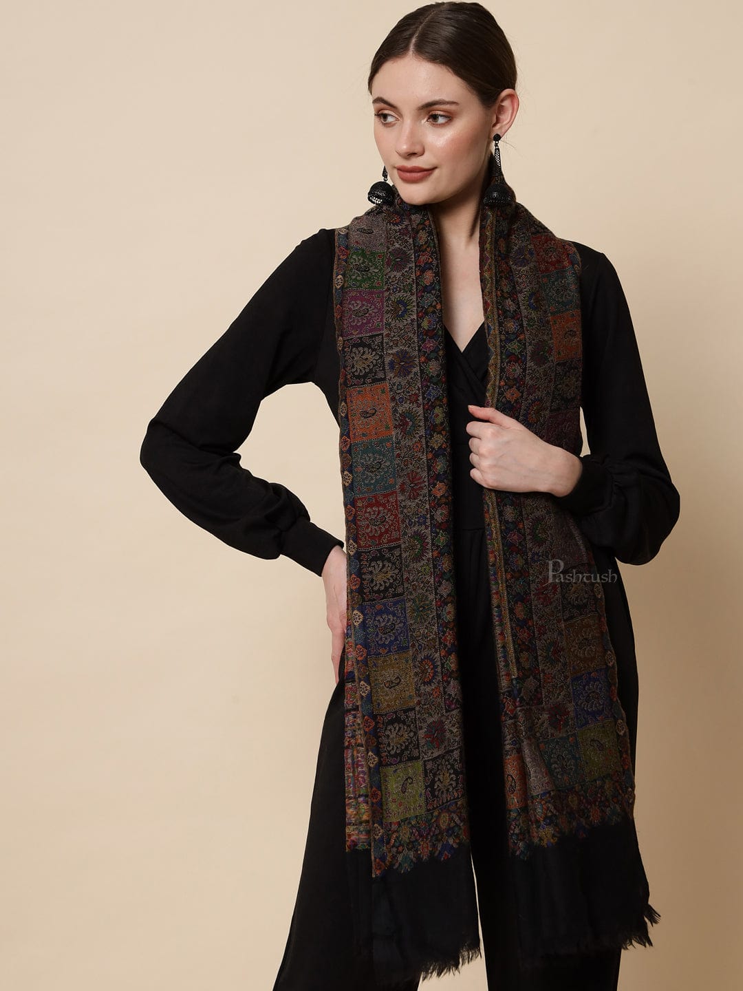 Pashtush India Womens Shawls Pashtush Womens Extra Fine Ethnic Shawl, Pure Wool, Woolmark Certificate, Multicolour