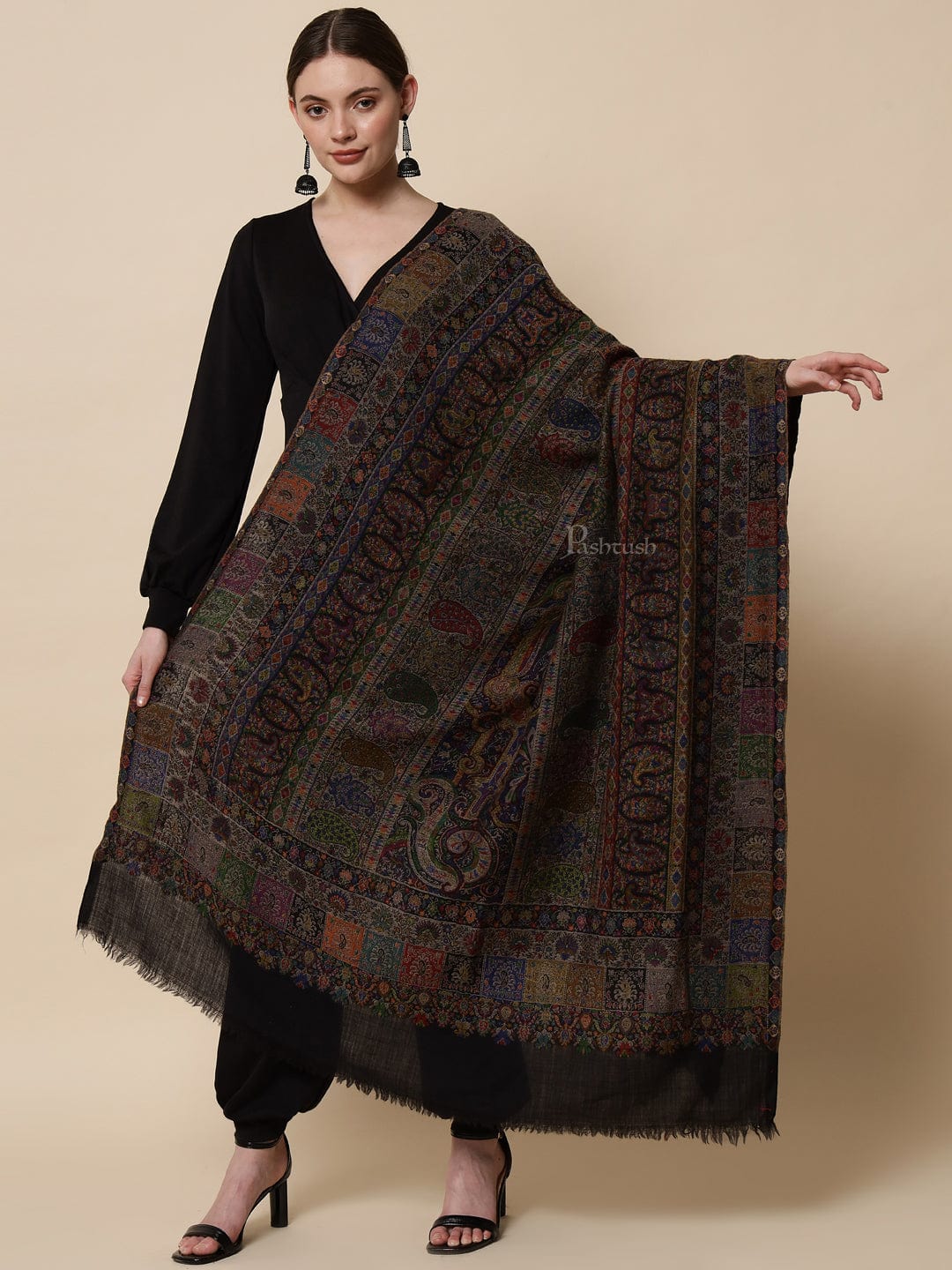Pashtush India Womens Shawls Pashtush Womens Extra Fine Ethnic Shawl, Pure Wool, Woolmark Certificate, Multicolour