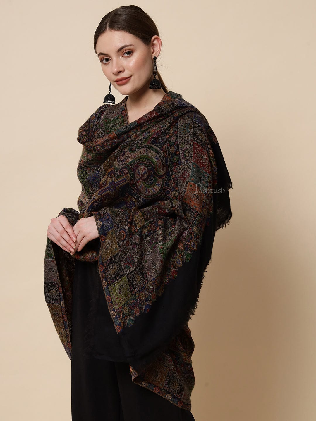 Pashtush India Womens Shawls Pashtush Womens Extra Fine Ethnic Shawl, Pure Wool, Woolmark Certificate, Multicolour