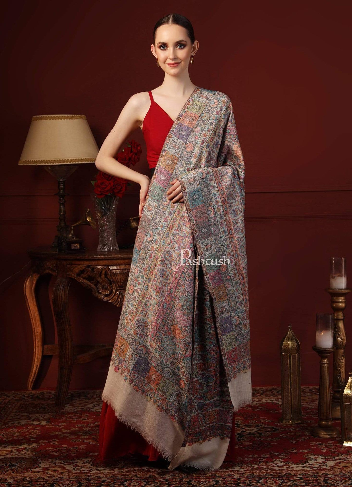 Pashtush India 100x200 Pashtush Womens Extra Fine Kaani Shawl, Pure Wool, Woolmark Certificate