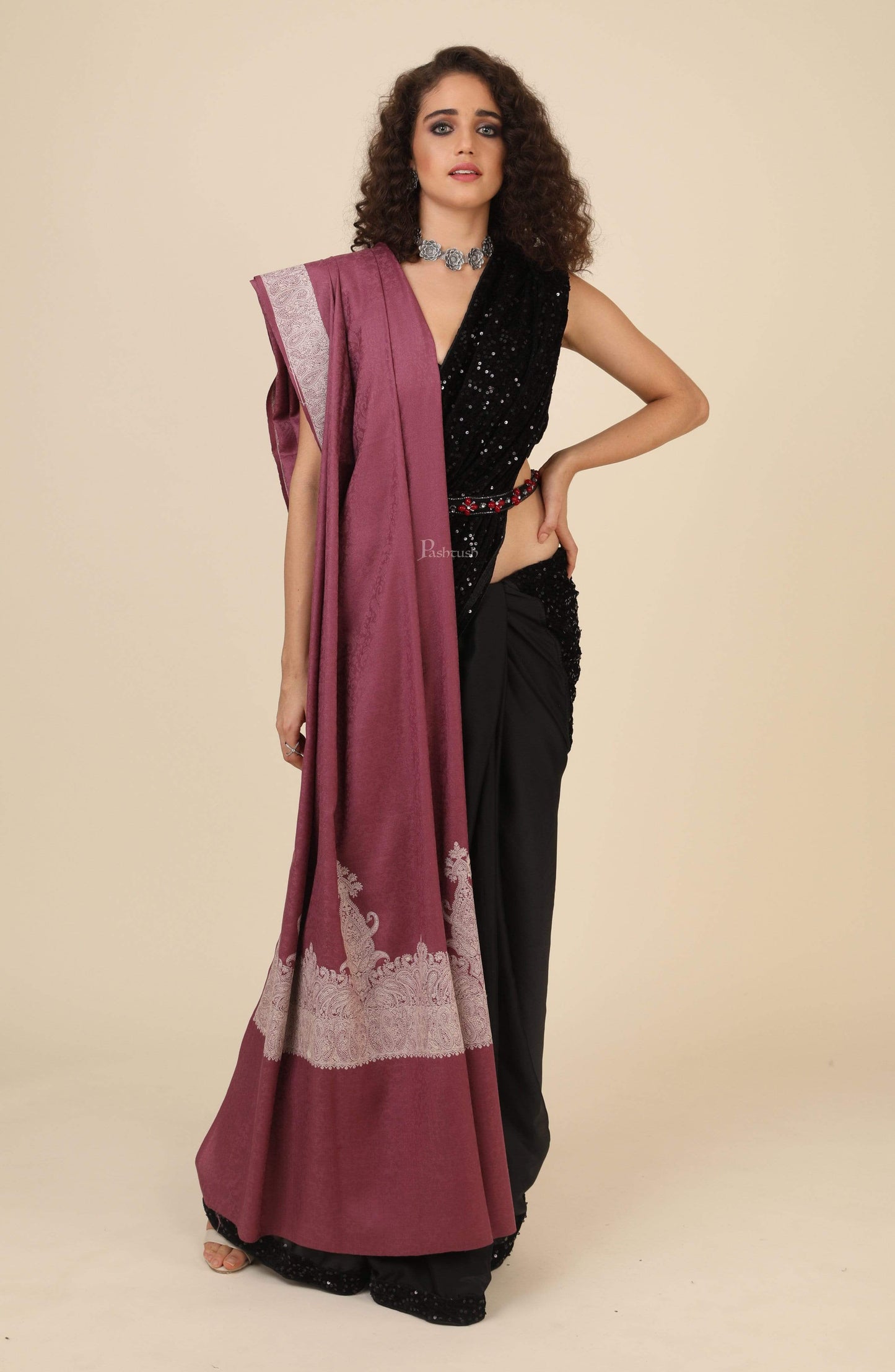 Pashtush India 114x228 Pashtush Womens, Extra fine Palla Embroidery Shawl, with Tone on Tone Needlework, Soft and Warm