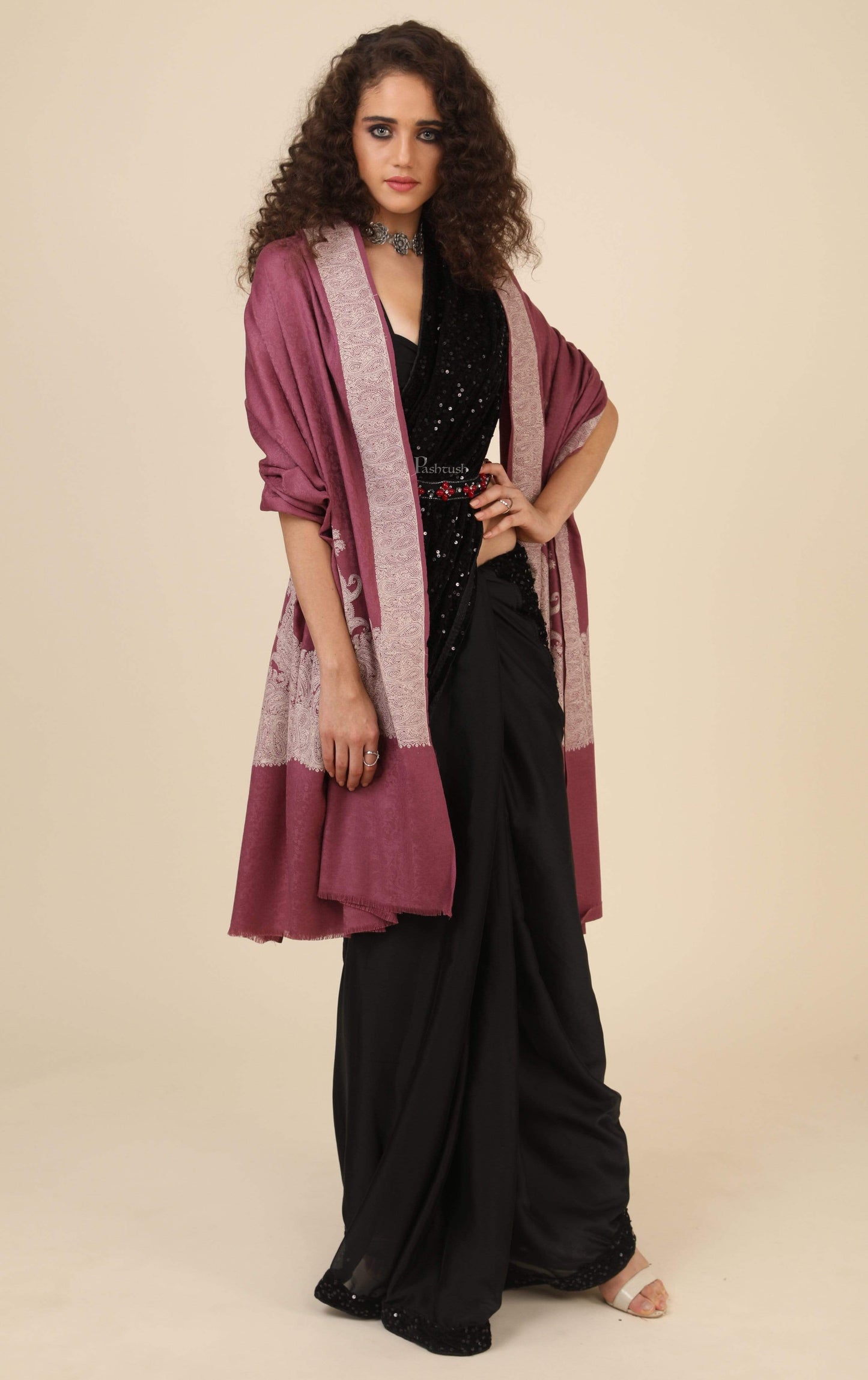 Pashtush India 114x228 Pashtush Womens, Extra fine Palla Embroidery Shawl, with Tone on Tone Needlework, Soft and Warm